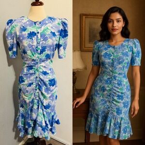 Vintgae 80s Jonathan Martin Floral Ruched Button Front Ruffle Hem Dress Sz M 7/8